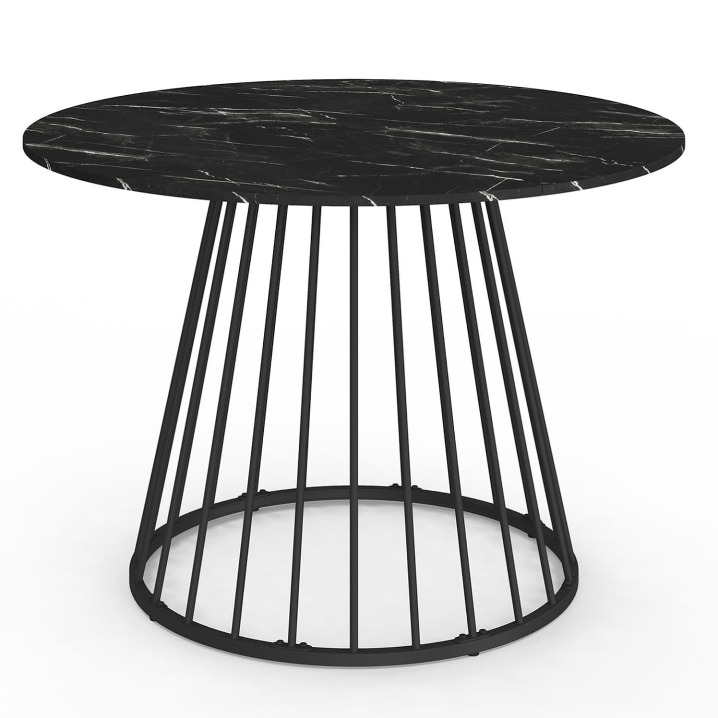 IDMarket Yuna - Mesa de comedor redonda para 6 personas, 110 cm, efecto mármol | Con pie con cable, bandeja efecto mármol negro alaska, metal negro