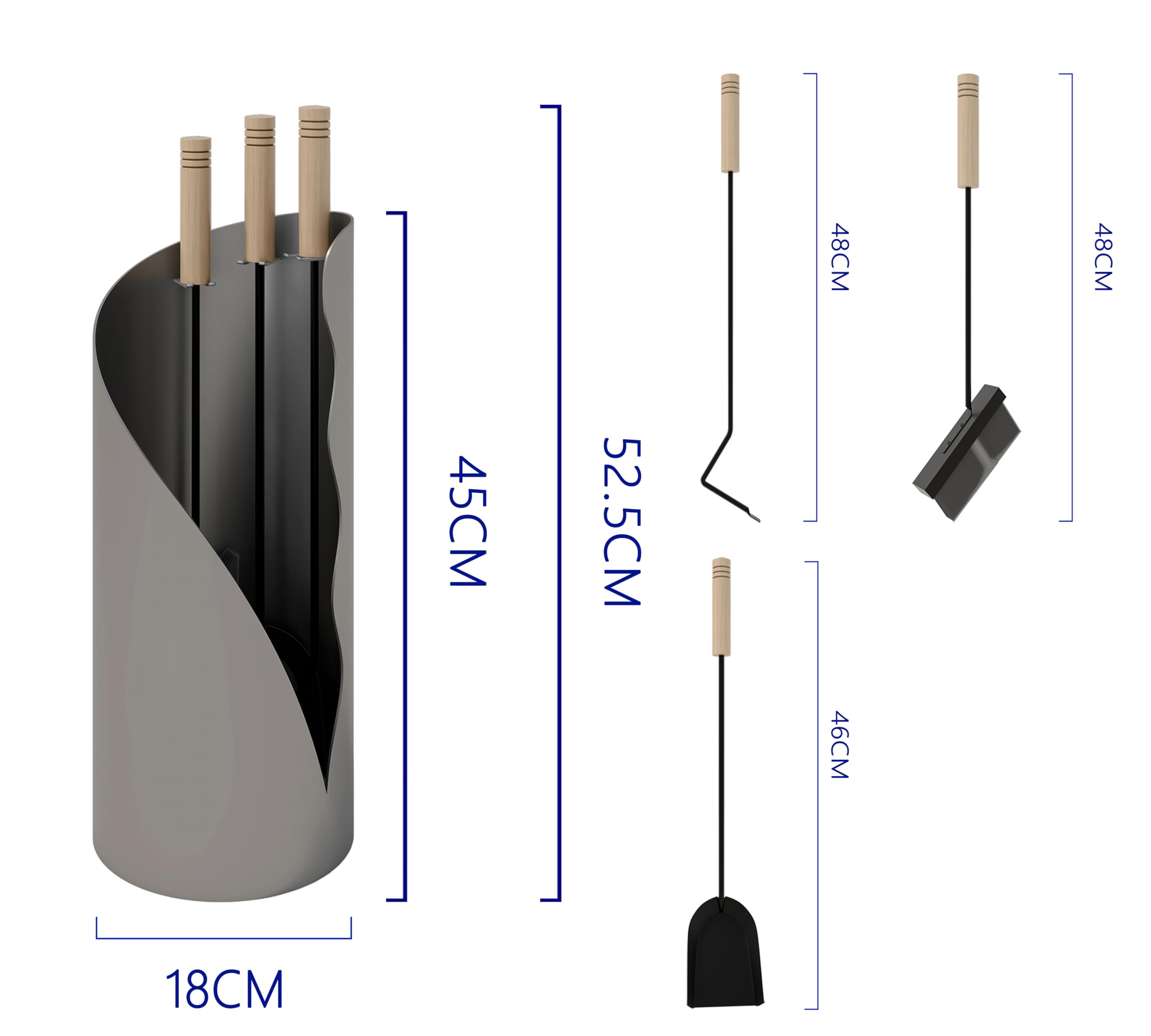 Kingson Juego de utensilios para chimenea de 3 piezas – Juego moderno de herramientas para la chimenea con cepillo, pala y atizador – Soporte redondo para el suelo – 52,5 cm de altura – Mango de