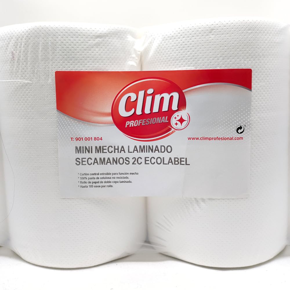 Clim Profesional - 12 Rollos de Papel Secamanos Tipo Mini Mecha Laminado de Doble Capa. Papel Gofrado Extra Absorbente para Tareas de Limpieza de Superficies. 100% Pura Celulosa Ecolabel. 60 mts
