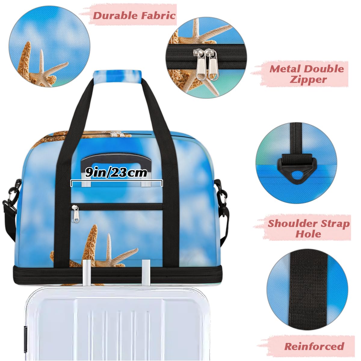 Ocean Beach Starfish - Bolsa de viaje plegable con diseño de estrella de mar de 47 litros, bolsa de fin de semana con funda para carrito de transporte, bolsa de hombro separada para deportes,