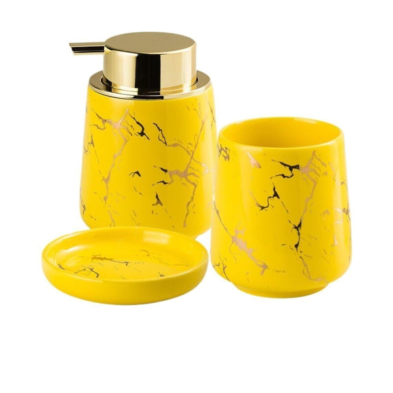 Set di accessori per il bagno Set da 4 pezzi in marmo, portaspazzolino, dispenser di sapone e bicchiere for collutorio, decorazione costiera Arredamento per gli affittuari(Yellow)