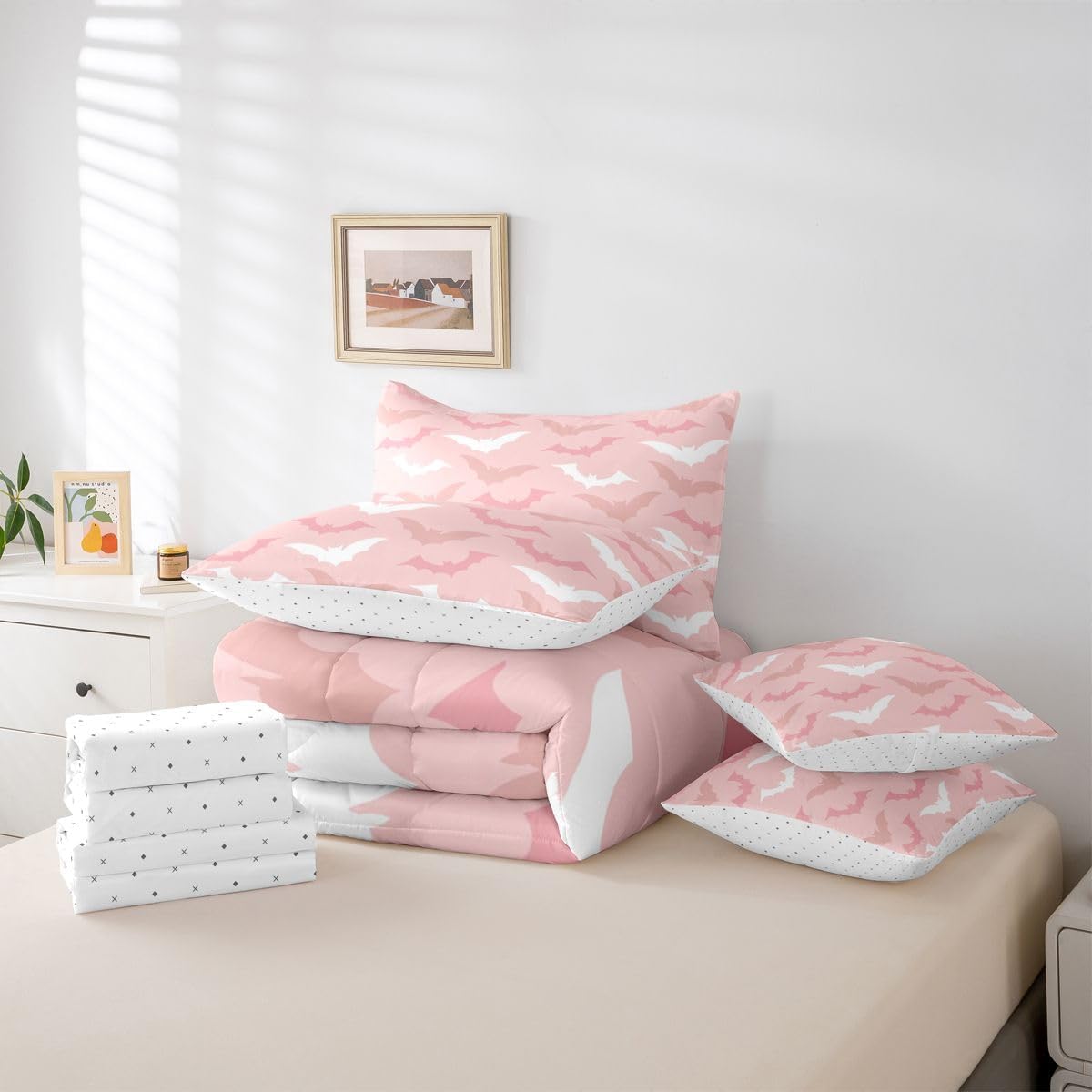 Feelyou Kids Pink Halloween Comforter Set Queen Size 7 Pieces Comforters Bat Bedding Set Pink White Bed in a Bag with Comforter, Sheets, Pillowcases & Cushion Covers