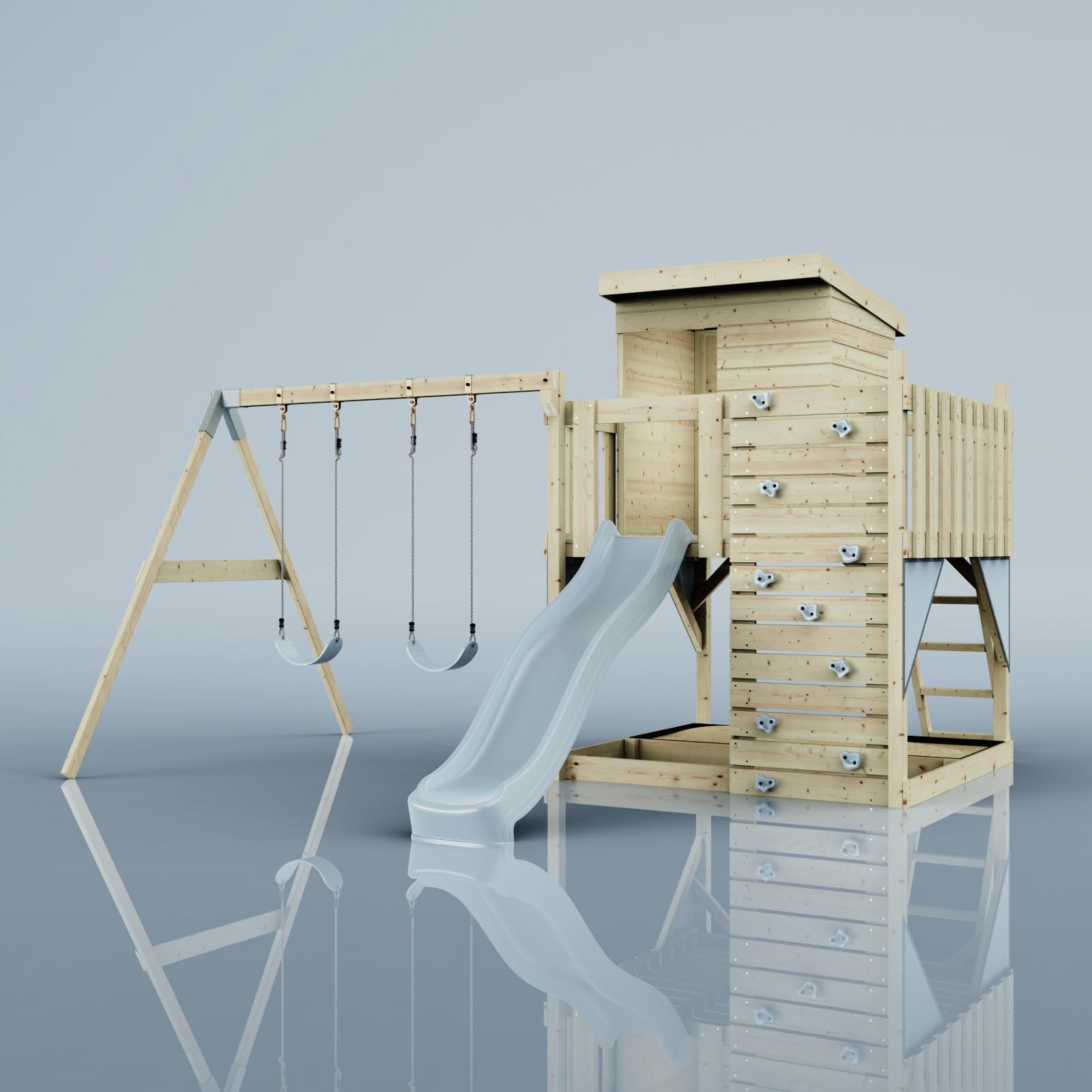 PolarPlay Spielturm Björn aus Holz in Blau mit Kinderschaukel