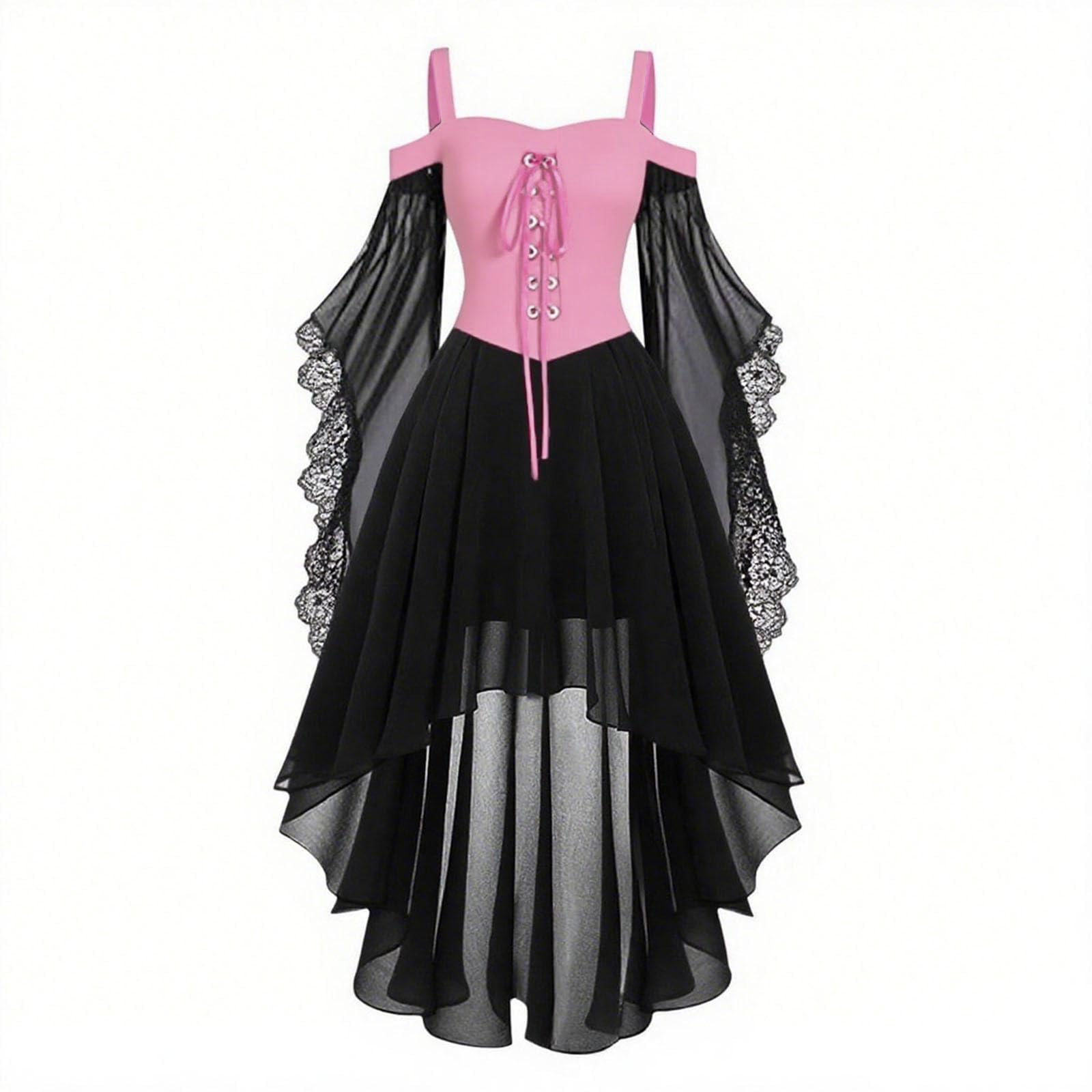 HAOLEI Medieval Costume Women, Halloween Dresses Vintage Lace Renaissance Victorian Dress Cold Shoulder Butterfly Sleeve Retro Steampunk Rockabilly Goth 80s Dress Ladies