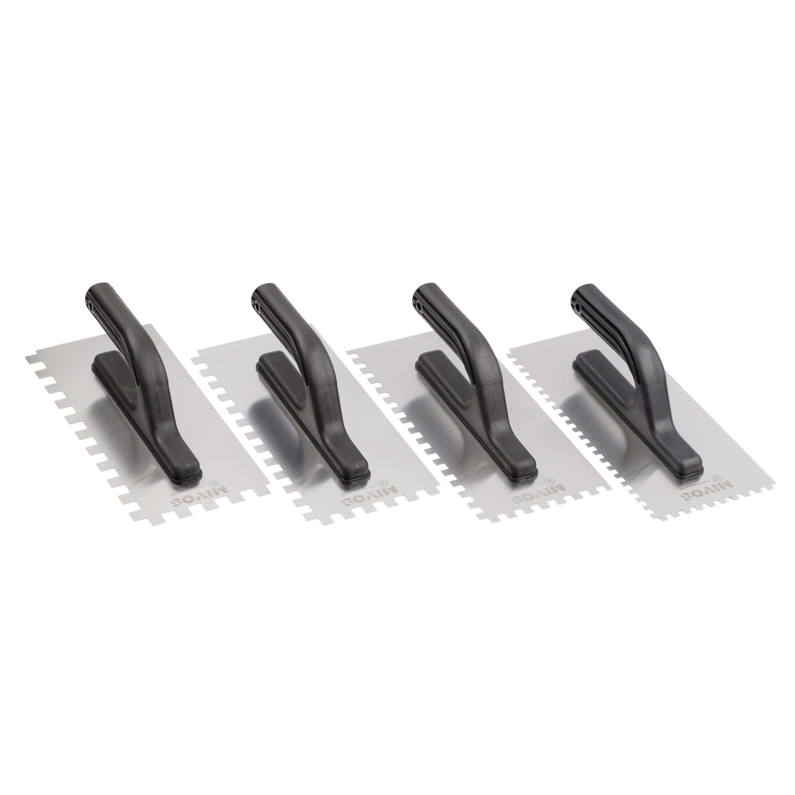 Mivos Kit de paletas dentadas de 4 piezas - Paleta dentada de acero inoxidable 6x6 8x8 10x10 12x12 mm - 270 x 130 con mango de plástico - inoxidable - Paleta con reborde - Fabricada en la UE