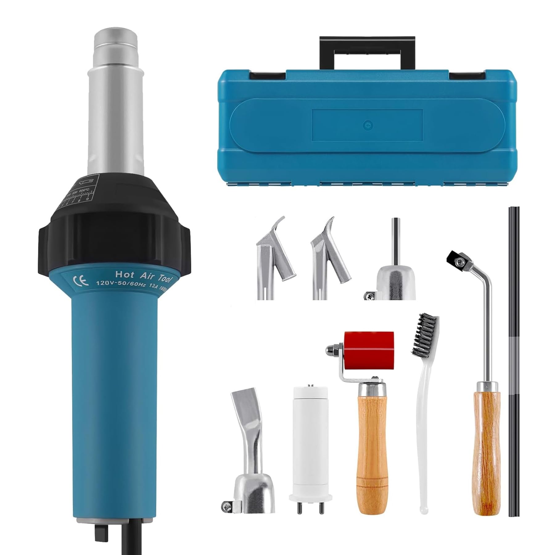 Sèche-air chaud 1600 W 220 V avec mallette en plastique et 2 accessoires, pistolet à air chaud, 40 ℃ à 650 ℃ réglable pour vinyle, PE PVC, avec tige en plastique, rouleau, buse