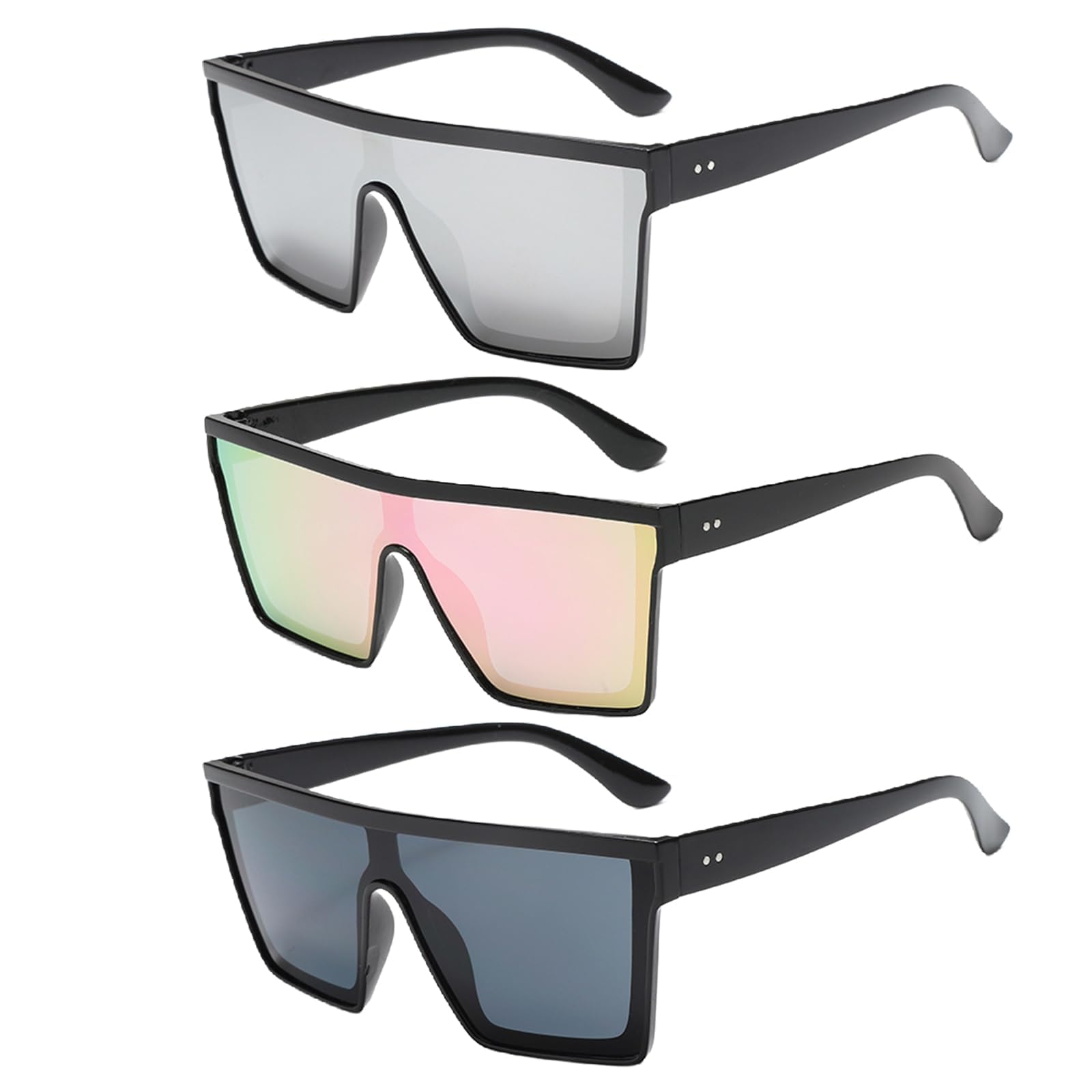3 Pcs Oversized Square Sunglasses, Pink Black Silver Fashion Eyewear with Multi Color Lenses, UV Protection Sun Glasses for Outdoor Rave Daily Wear-image-10