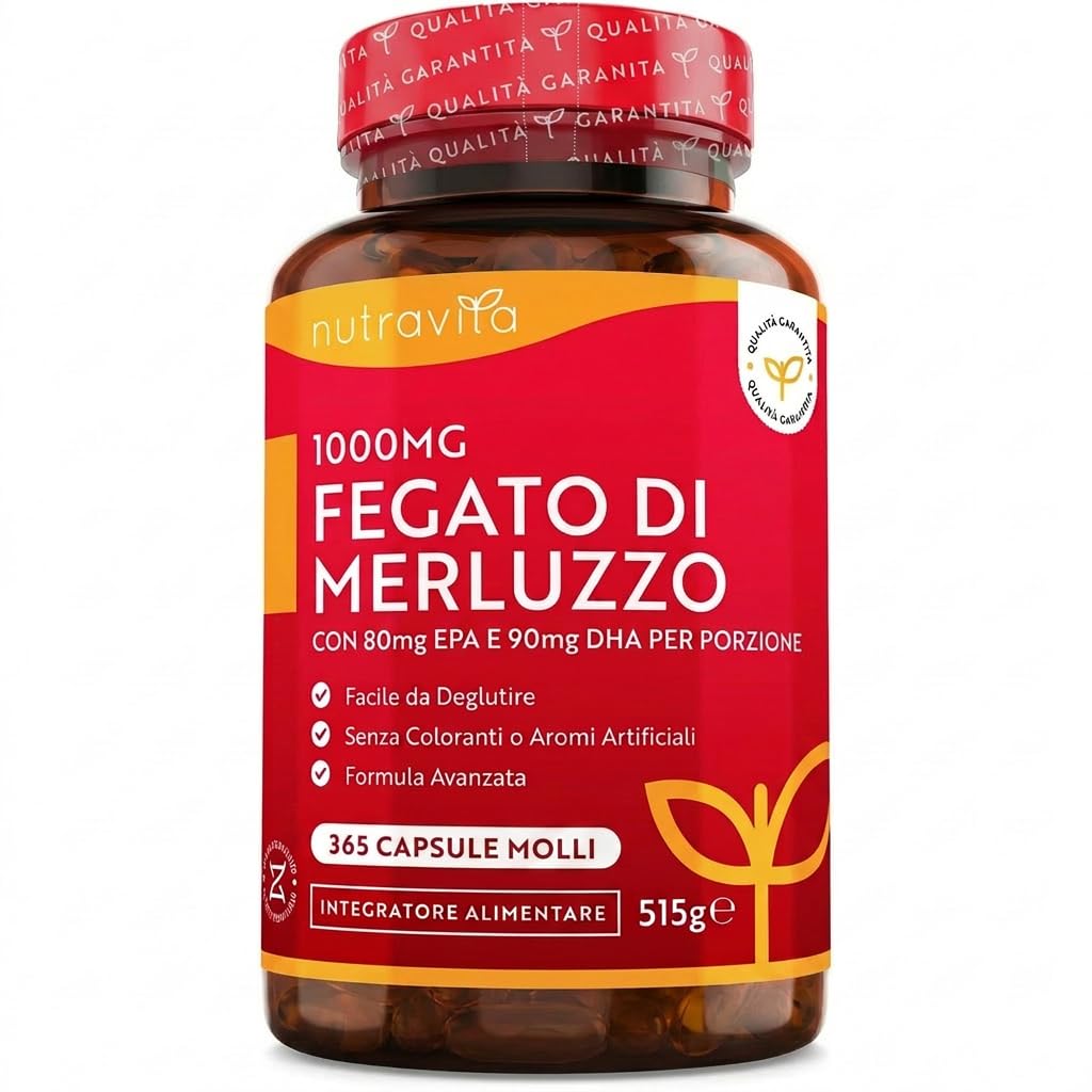 Nutravita Olio di Fegato di Merluzzo Capsule 1000 mg - 365 Capsule Premium di Olio di Pesce - Omega 3 Alta Resistenza con Vitamine A, D, E e di Aglio - Supporta la Salute di Cuore e Cervello