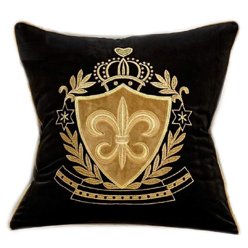 Funda de cojín de lujo Royal con escudo real de corona, terciopelo negro y dorado lirio, decoración para el hogar, sofá de lujo Home Yatch Brillabenny (negro y oro 1)