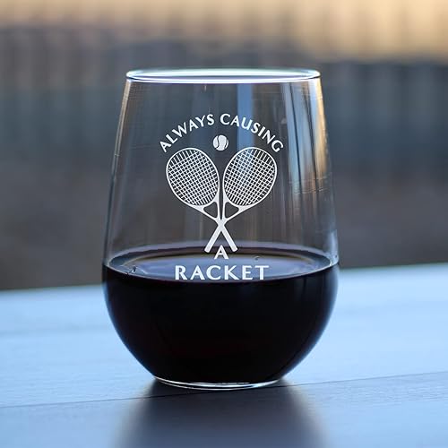 Miniatura 2 de Causing A Racket - Stemless Wine Glass - Funny Tennis Themed Decor and Gifts - Large 17 Oz Glasses