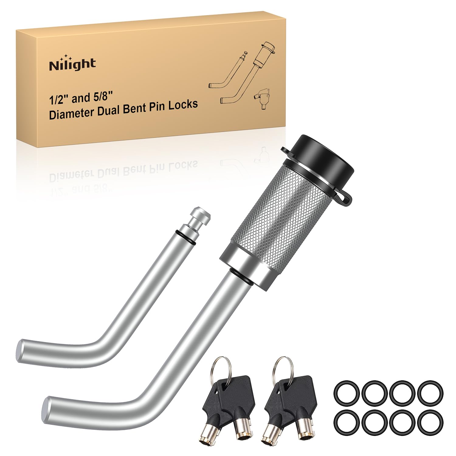 Nilight 1/2" &amp; 5/8" Anti-Theft Lockable Trailer Hitch Lock Pin | Keyed Unique Weatherproof Anti-Theft Lockable Fits 2" 2-1/2" &amp; 1-1/4"Receiver Tow Truck Boat Bike Truck Silver