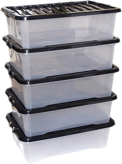 CrazyGadget® 32L 32 Litre Large Big Plastic Storage Clear Box Strong Stackable Container - Made In U.K. - Pack of 5