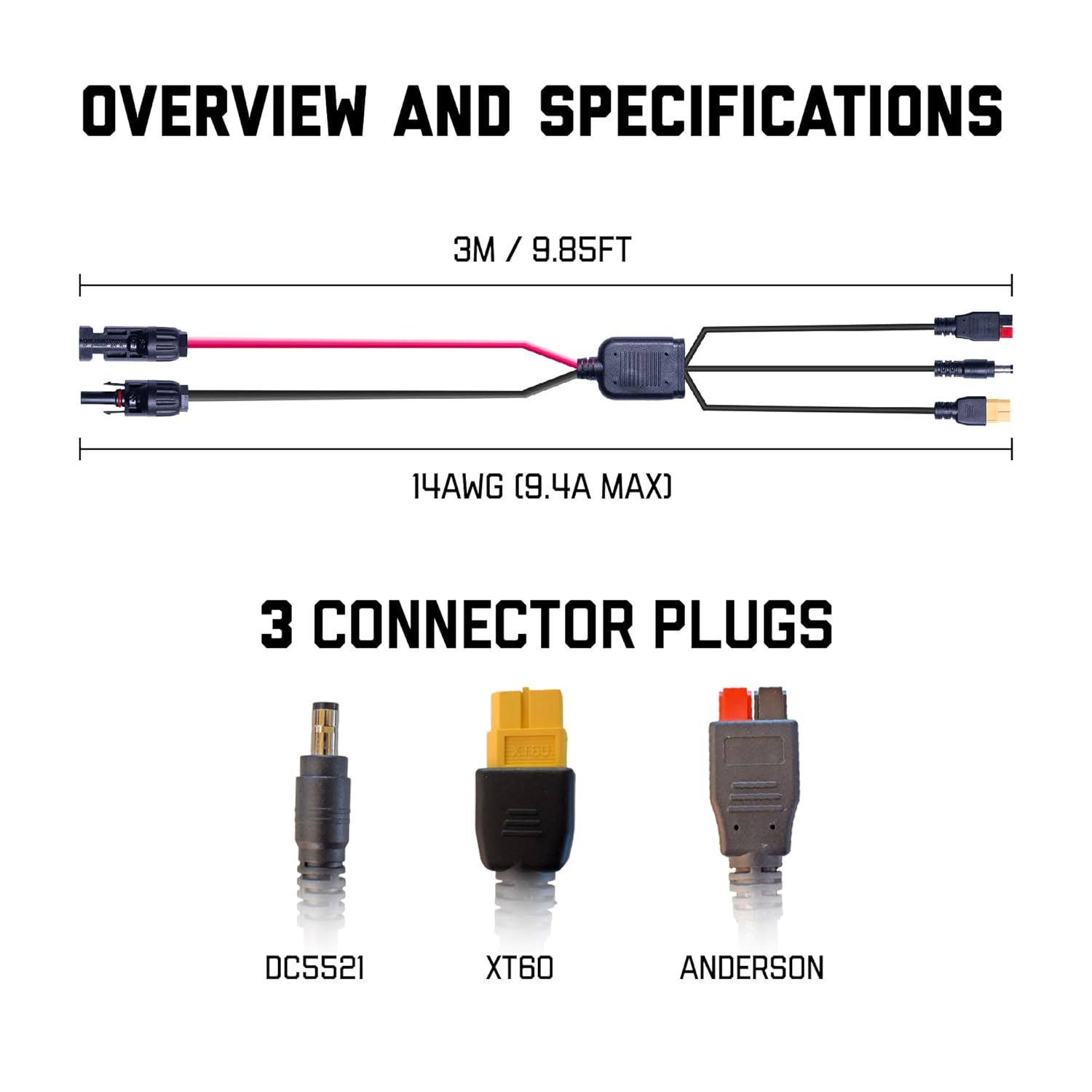 SunJack MC4 Solar Panel to Power Station Adapter Cable, XT60 / Anderson / DC5521 Plug Connectors, Charge Solar Powered Generator Battery (14AWG, 10ft/3m)