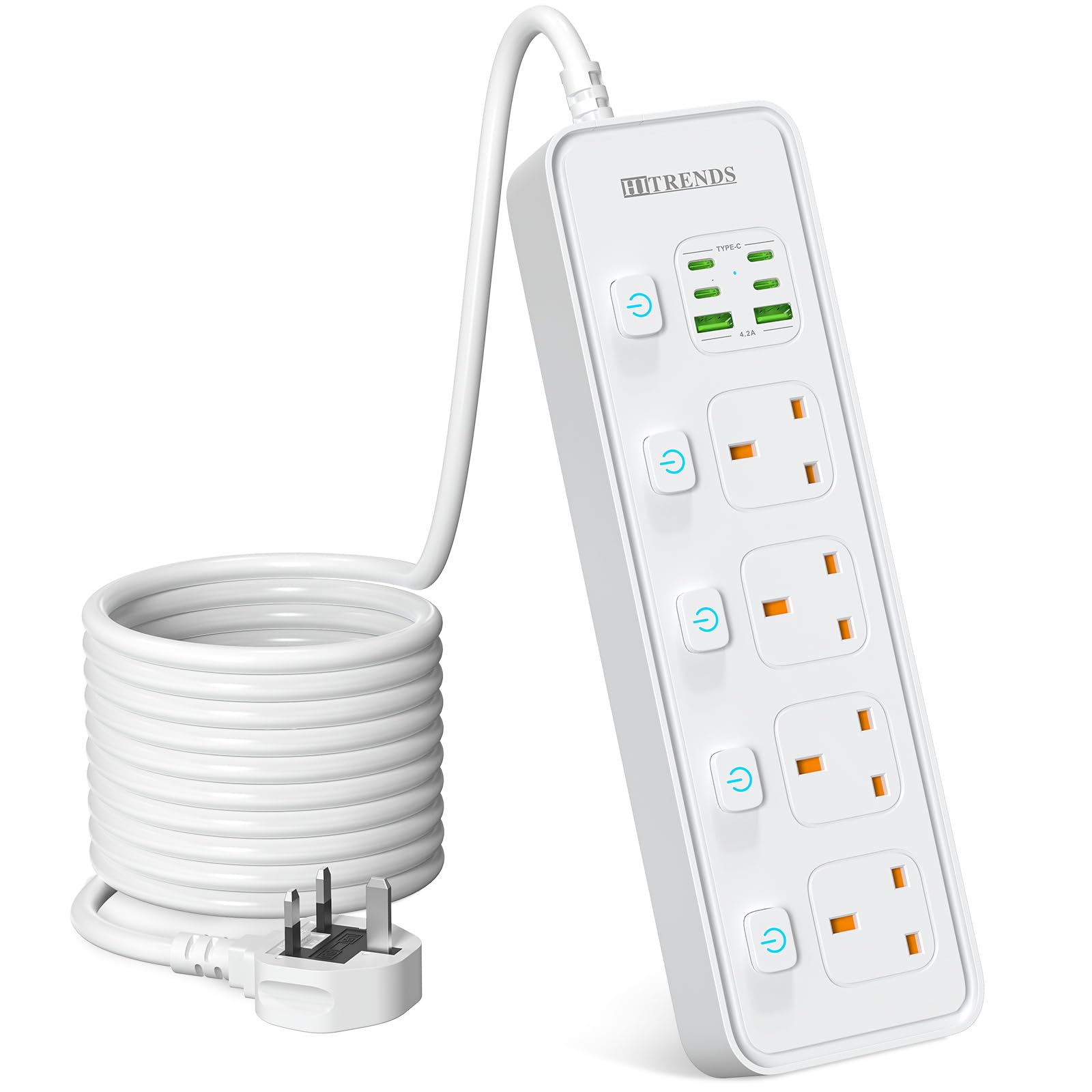 4 Way Gang Extension Lead with USB Slots, UK Plug 3 Pin Socket Outlet, 10-in-1 Surge Protector Plug Extension Socket with Individual Switches, Power Strip with Extension Cable 3M, White