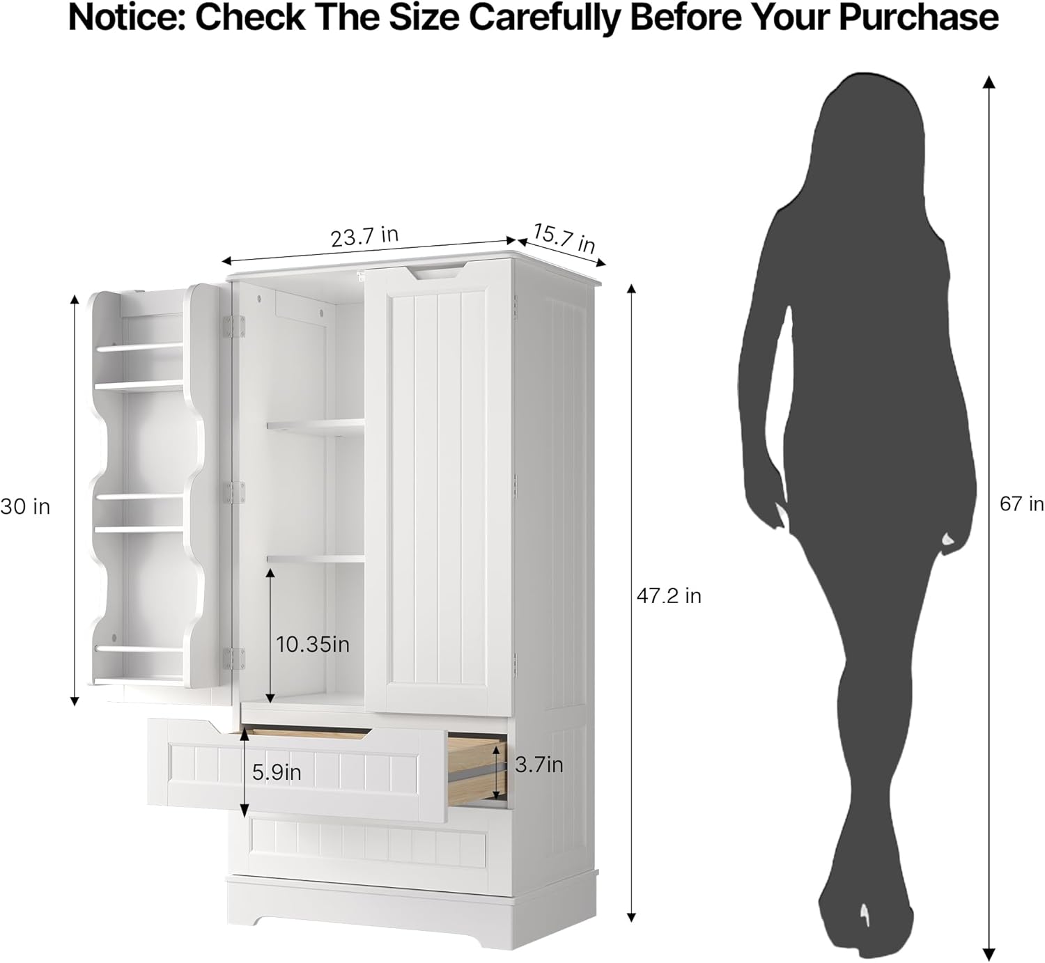 Gizoon Kitchen Pantry Storage Cabinet with Drawers Freestanding Bathroom Storage Cabinets with Doors and Shelves, 47" Small Food Pantry Cabinet for Dining Room Craft Room, White