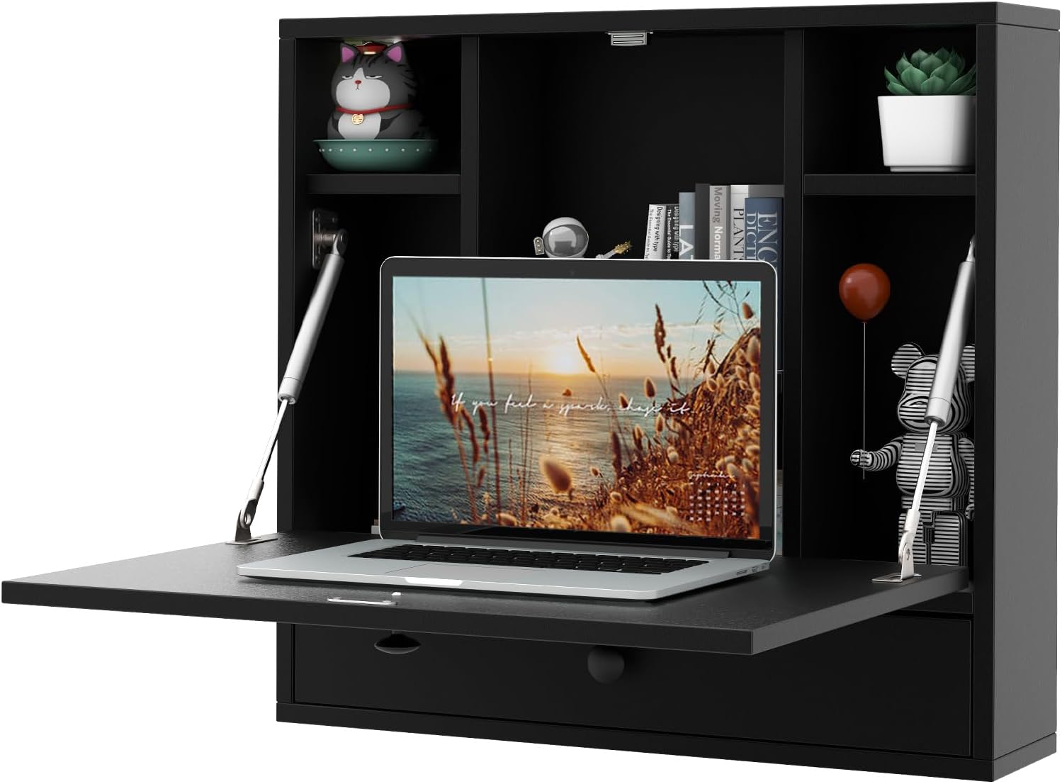 Tangkula Wall Mounted Desk, Folding Floating Wall Mount Laptop Desk, Space Saving Wall Mounted Table with Storage Drawer & Shelves (Black)