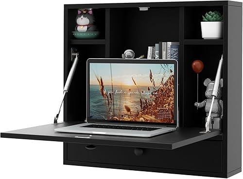 Tangkula Escritorio montado en la pared, escritorio flotante multifunción para computadora portátil, ahorro de espacio, escritorio de pared con