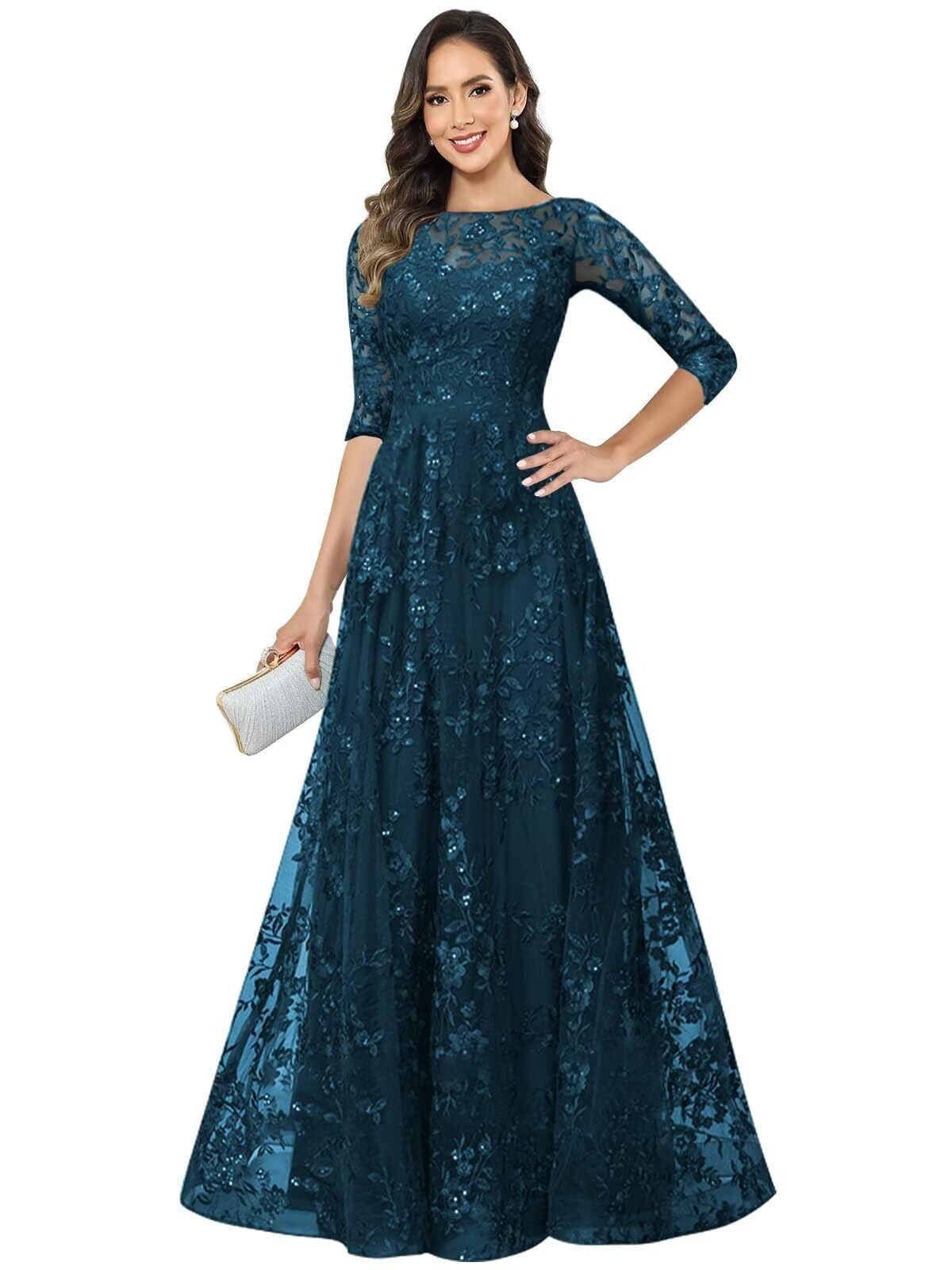 Lace Appliques Mother of The Bride Dress 3 4 Sleeves A-Line Formal Dresses for Women