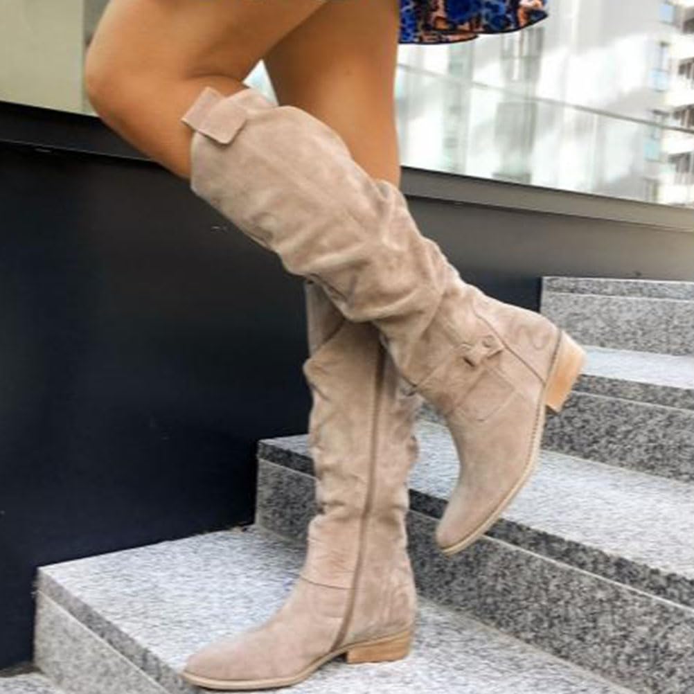 shownicer Botte Hautes Femme Daim Bottes Elegant Bout Rond Bottines Automne et Hiver Talon Bas Boots Confortable Chaussures