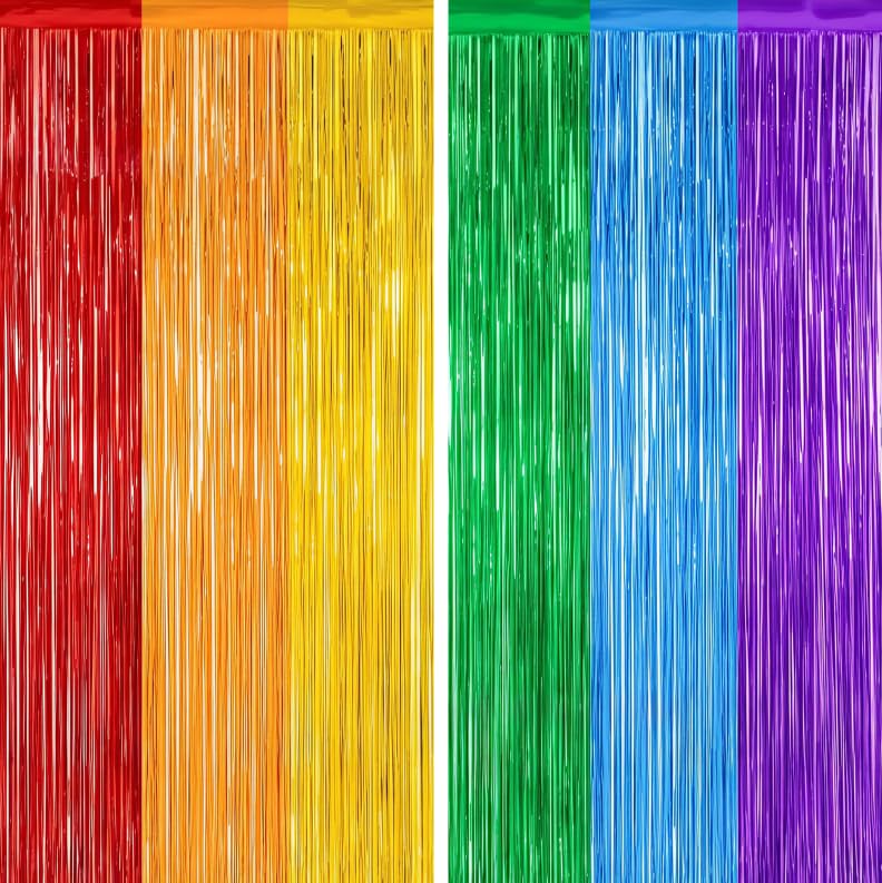 2 Pack Rainbow Foil Fringe Curtains, Multicolour Metallic Tinsel Curtain Party Backdrop, Shimmer Streamers for Birthday Party, Pride, Festival, Photo Booth and Wall Decorations, 2.5m