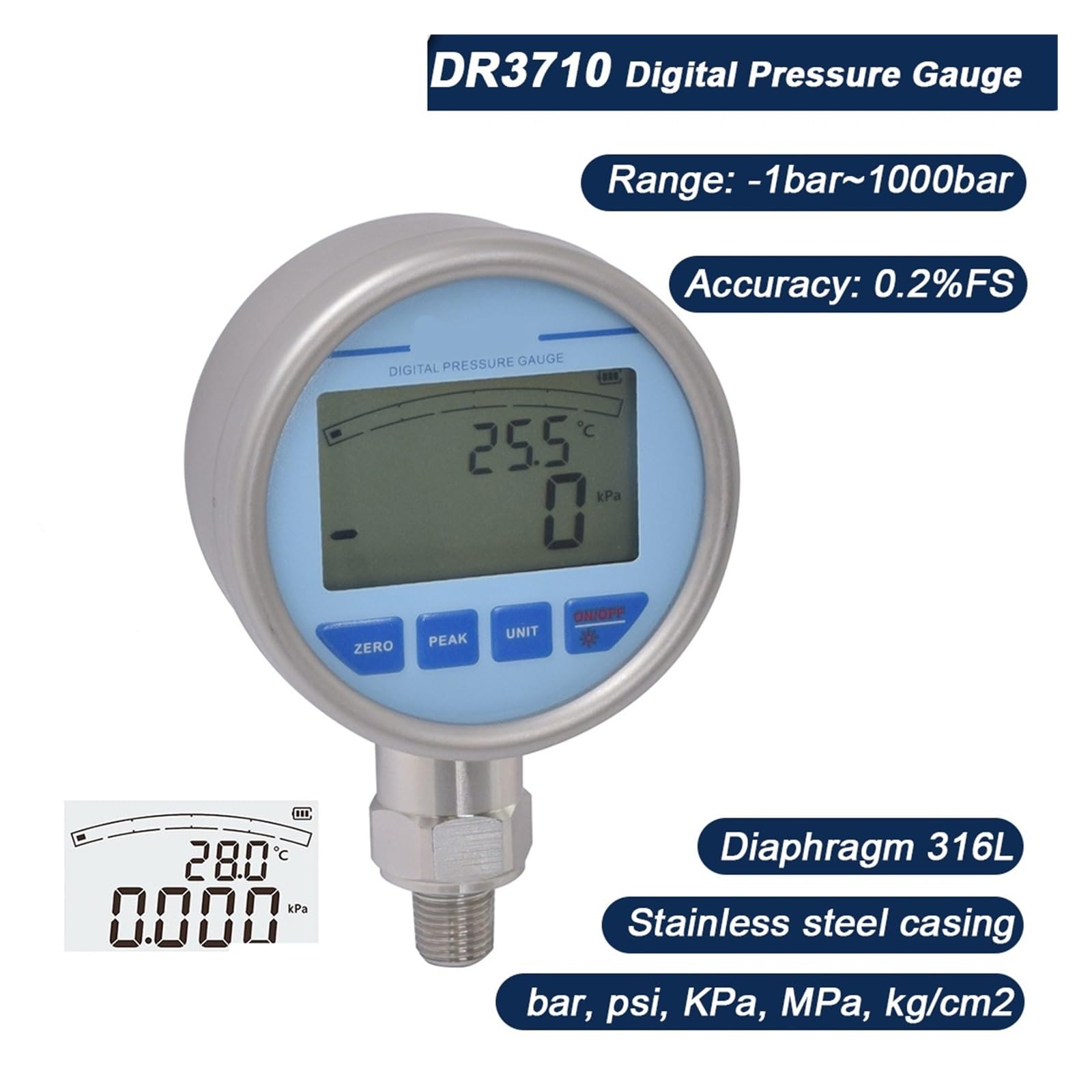 Digitales Manometer, LCD-Hintergrundbeleuchtung, Manometer, Temperaturmessung for Öl, Wasser, Manometer aus Edelstahl(0-250Kpa)