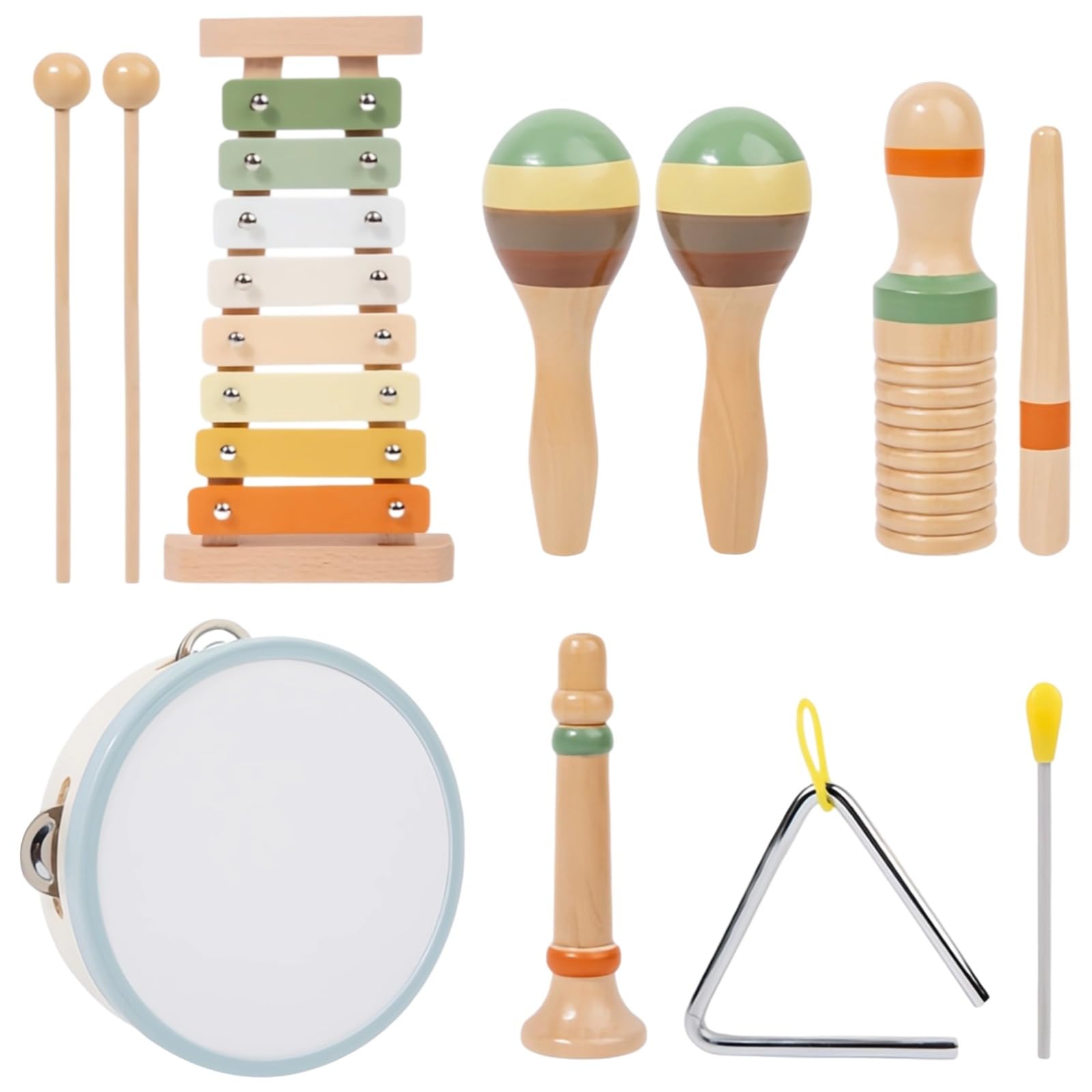 6-teiliges Holz-Percussioninstrumente-Set für Kleinkinder 1-3 Jahre, Xylophon, Guiro, Sandhammer, Horn, Tamburin, Triangel, Orff-Musikinstrumente für frühes Musizieren