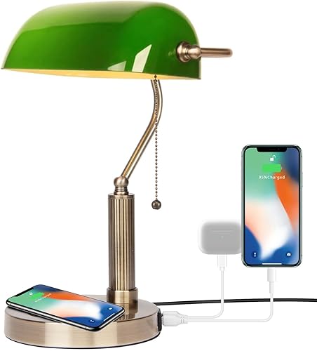 Miniatura 8 de FIRVRE Bankers - Lámpara de escritorio con interruptor de cadena de tracción con enchufe, lámparas de escritorio con pantalla de vidrio negro, base