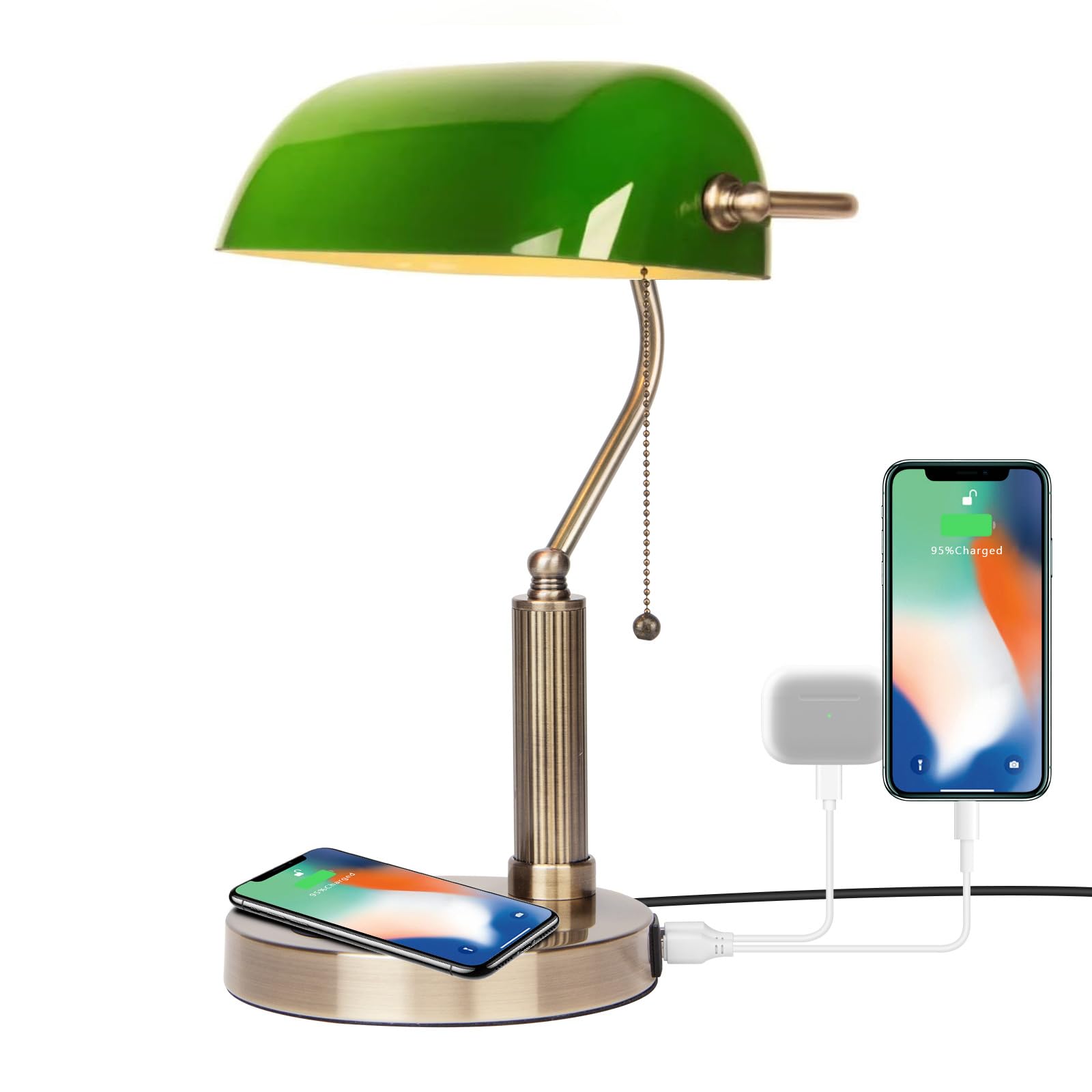 FIRVRE Green Glass Banker Desk Lamp, Vintage Desk Lamp with Brass