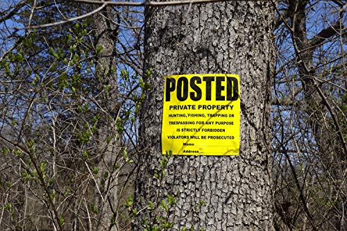 Image of 25 Per Pack Posted Yellow Private Property Sign by WristCo - 11 inch x 11 inch Outdoor, Weatherproof Tear- Resistant Tyvek high Visibility for Warning No Trespassing Hunting Fishing Trapping, Made in USA