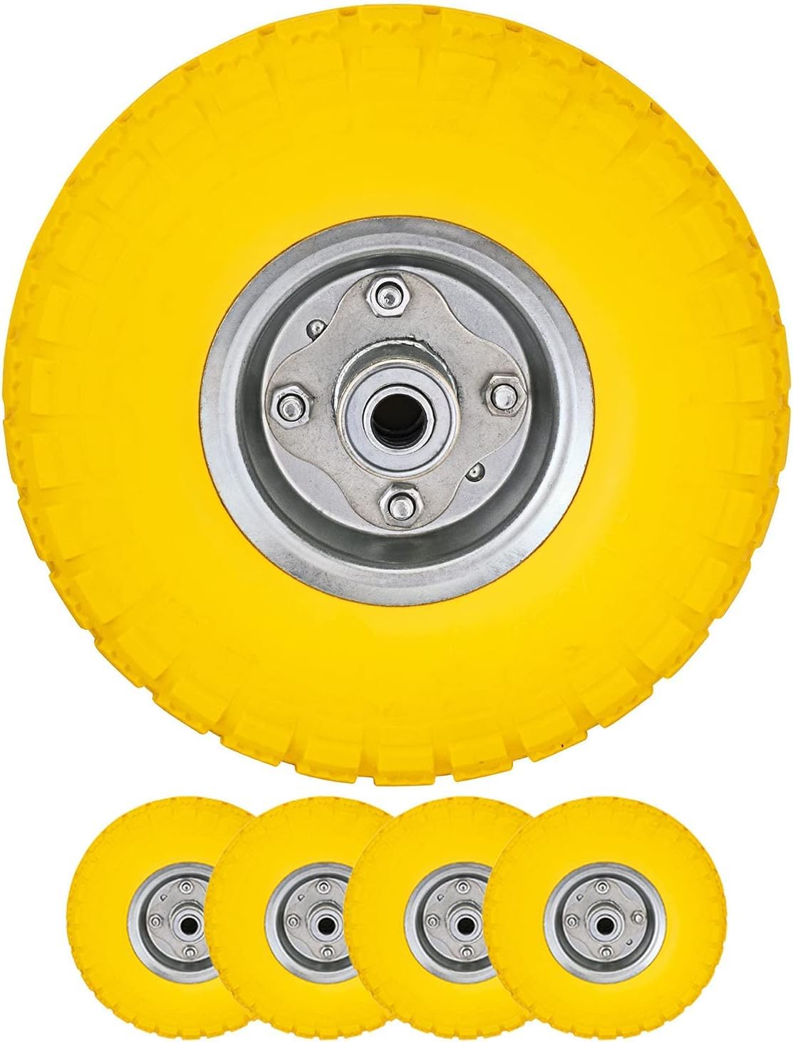 Wheelbarrow Wheels – 10” Yellow Puncture Proof 4.10/3.50-4 Solid Rubber Tyre Replacement Wheel For Sack Truck, Garden Trolley, Lawn Carts (Pack of 4)