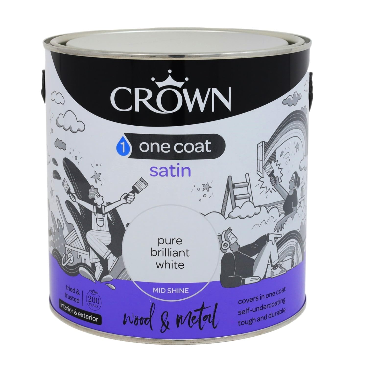 Crown Wood and Metal One Coat Satin Paint - Pure Brilliant White - 2.5L