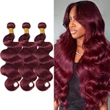 Body Wave Bundles Human Hair Burgundy Hair Bundle 14 16 18 Inch Brazilian Virgin Wine Red Wavy Sew in Hair Weave for Black Women (Burgundy,300g/Pack)