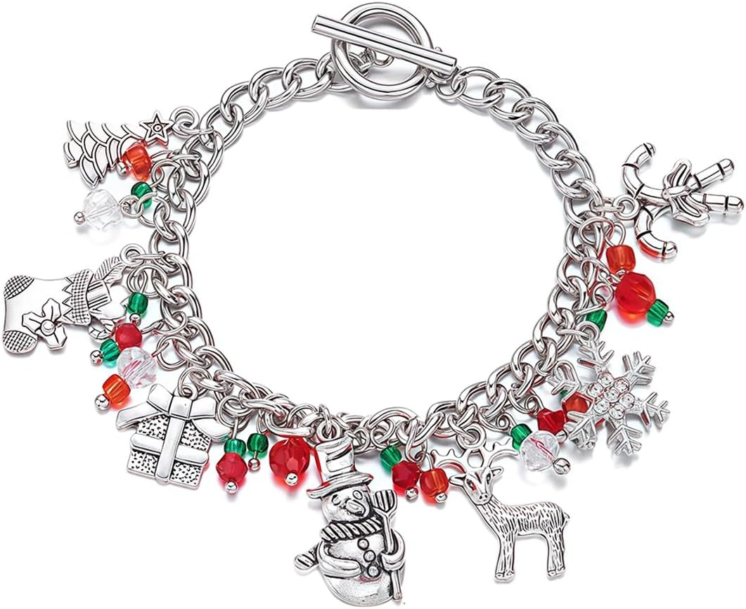 Christmas Bracelet for Women Cute Jingle Bells Snowflake Christmas Tree Candy Cane Crystal Bracelets Gold Silver Chain Clasp Toggle Bracelets Chunky Xmas Charms Bracelet Christmas Holiday Winter Party Jewelry