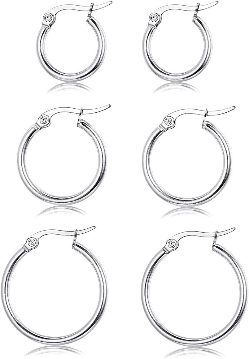 CASSIECA 3 Pairs 925 Sterling Silver Round Hoop Earring for Women Girls Lightweight Click-Top Hoop Earring Hypoallergenic 10-20MM Christmas Gift