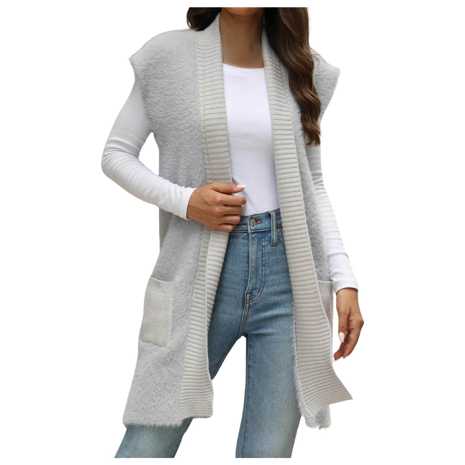 Cardigan sin mangas para mujer en punto grueso de imitación visón midi 8