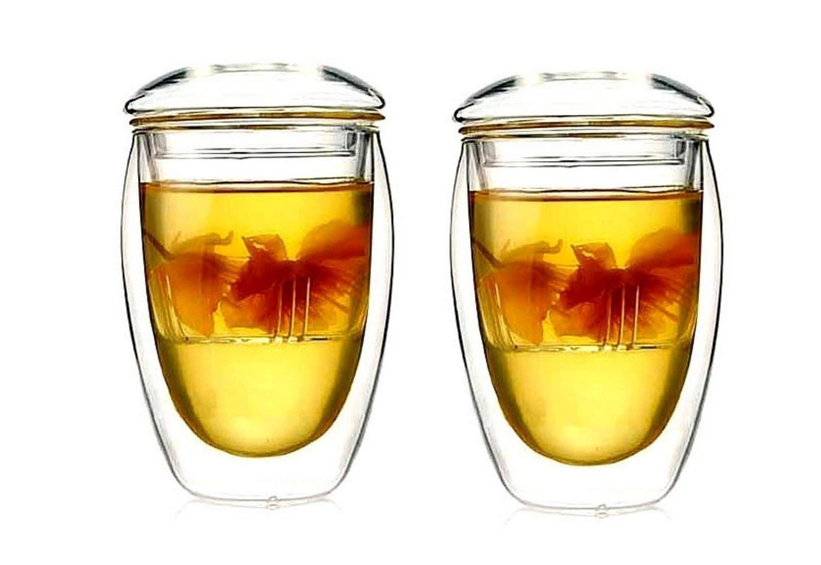Baskety Nice Design Double Wall Glass Teacup with Tea Infuser Cover Lid Heat Protection Anti-scalding Portable Coffee Mugs 350ml Each. (2)