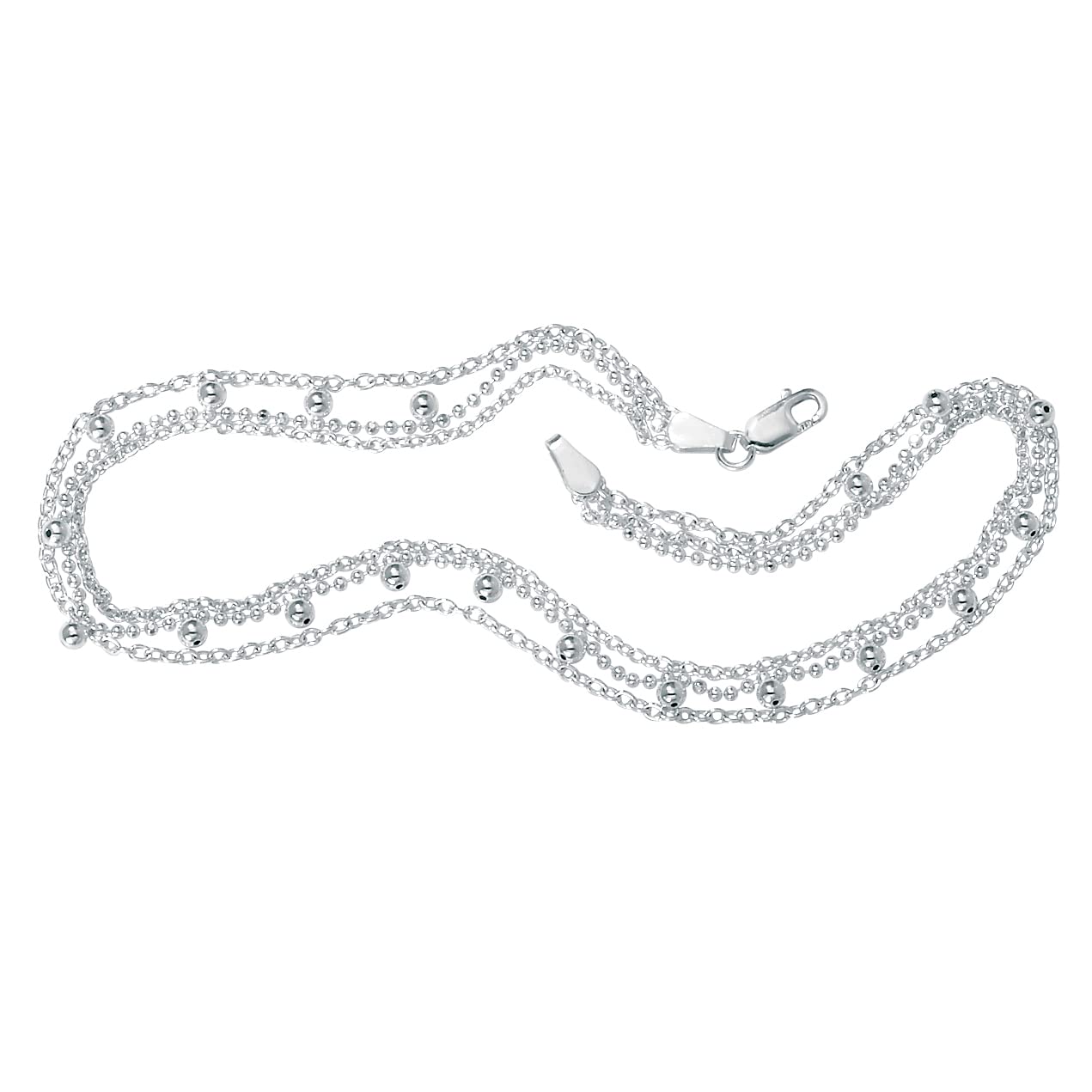 Sterling Silver Triple Strand Beaded Ankle Bracelet (1mm), 10 inches