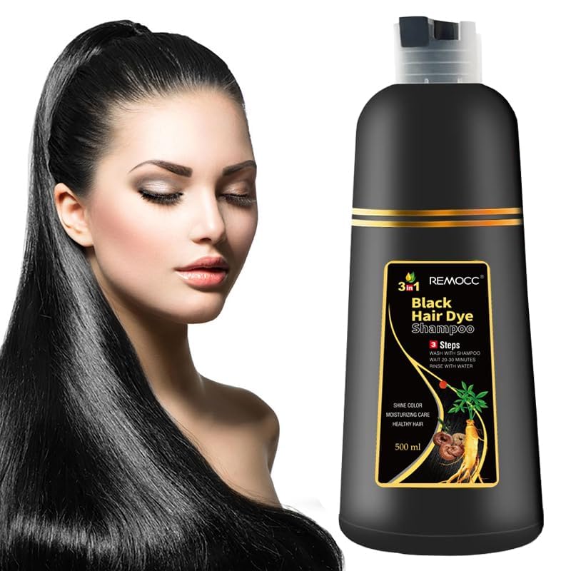Champú de color negro instantáneo para cabello gris - Champú de tinte fácil 3 en 1-100% cobertura de canas, coloración herbaria en minutos para
