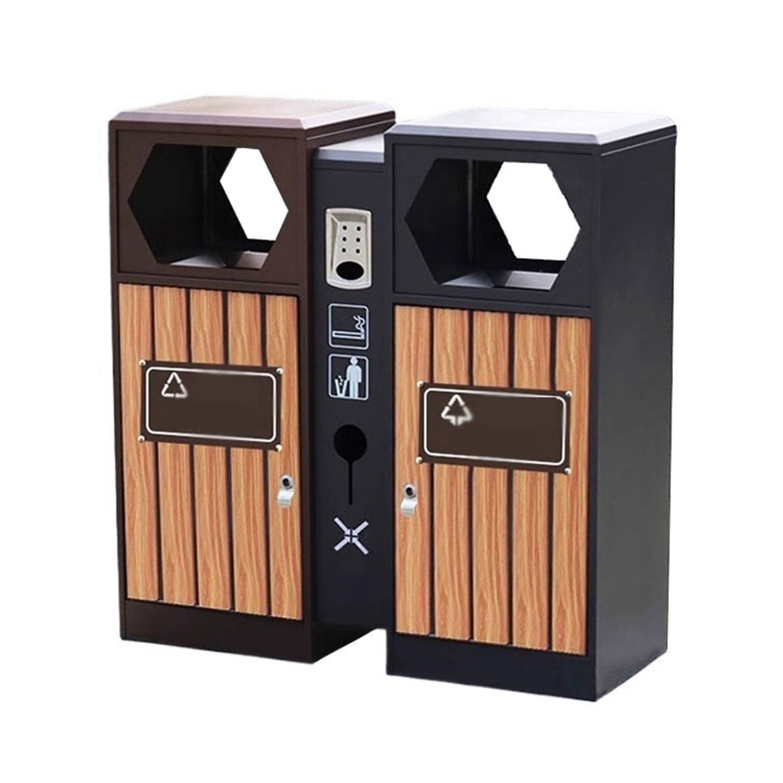Odpady i recykling Kosz na śmieci z imitacji drewna na zewnątrz, do użytku publicznego, ocynkowany, podwójny, stalowy kosz na śmieci Patio