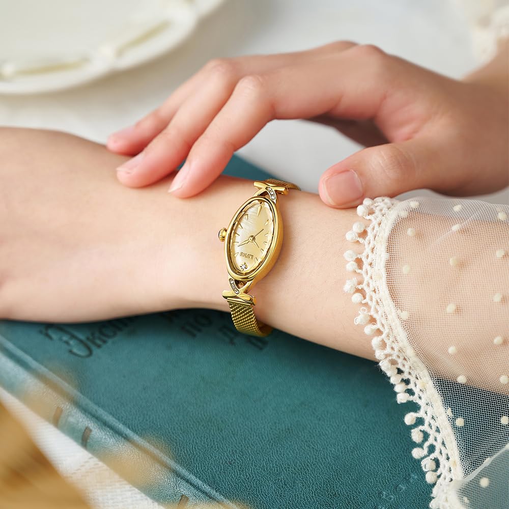 FANMIS Goldene Damen-Armbanduhr, Vintage, oval, Damenarmband, wasserdicht, elegantes Diamanten-Design, Quarzuhren, Leder- oder Mesh-Band