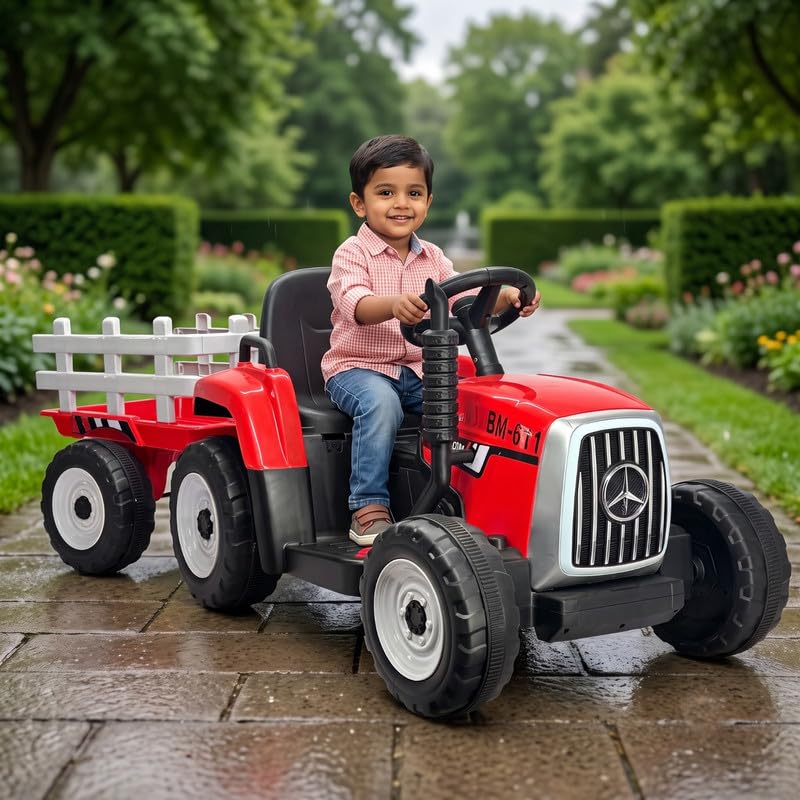 Image of WISHMASTER Kids Electric Ride-On Tractor 12V Battery Operated with Detachable Trailer, Parent Remote Control, Music, USB, LED Lights Toys for Boys & Girls 3-8 Years