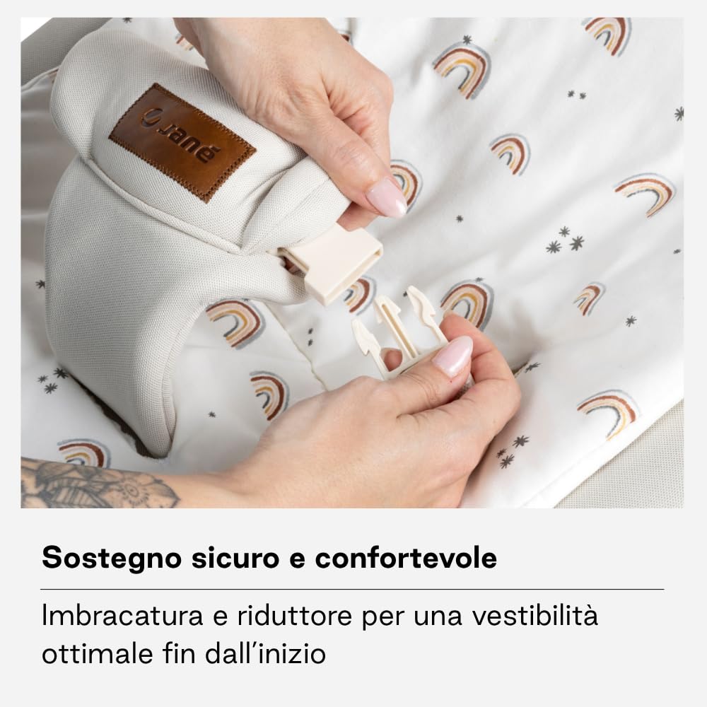 Jané Sdraietta per Neonati dalla Nascita, Sdraietta Ultraleggera con Dondolio Naturale, Barra Giochi e Riduttore, Rivestimento Sfoderabile e Lavabile, Beige