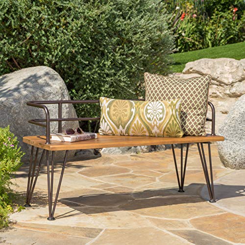 Christopher Knight Home Lastoro Outdoor Industrial Rustic Iron And Acacia Wood Bench, Teak Finish With Rustic Metal #TOP1