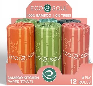 ECO SOUL 100% Compostable Bamboo Kitchen Paper Towel Set of 12 Rolls | 2Ply with 1800 Sheets, 150 Sheet Each | Eco-Friendly Soft Paper Towel, Kitchen Towel