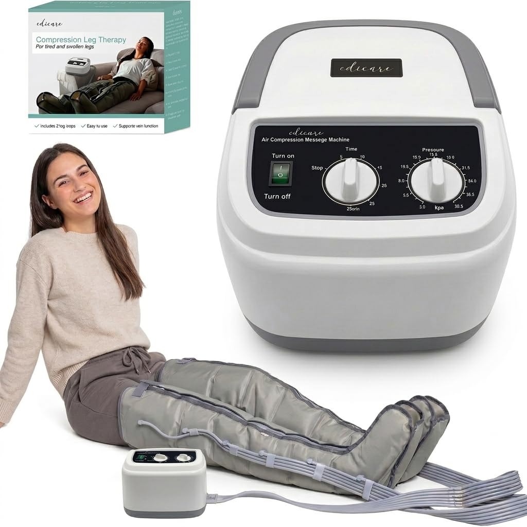 Edicare, Presoterapia para Casa, para Piernas y Pies Cansados, 6 Valvulas, Favorece una Mejor Circulación, Drenaje Linfático, Fácil Uso, Eficacia Profesional (Dispositivo y perneras)