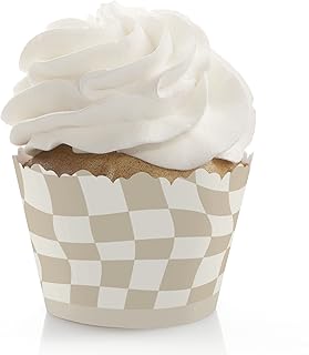 Big Dot of Happiness Tan Checkered Party - Decorations - Party Cupcake Wrappers - Set of 12