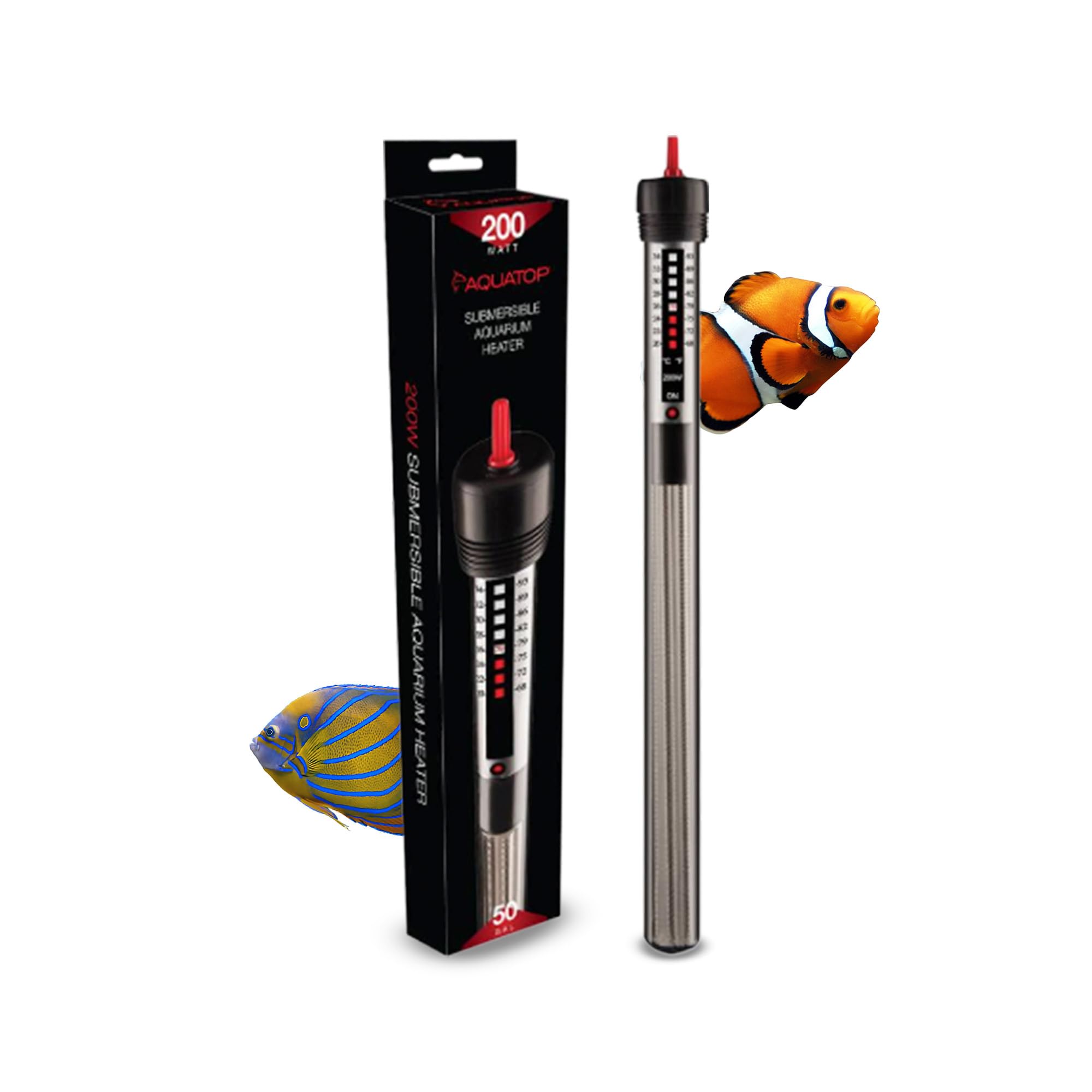 Aquatop Chauffage en Verre Submersible pour Aquarium de 200 W – Entièrement Submersible pour Aquariums jusqu'à 50 gallons, Plage de température réglable de 200 à 93 °C, Utilisation en Eau Douce et