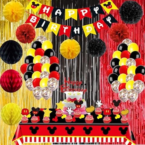 Mickey Party Decorations for Baby Boys Birthday, Mickey Birthday Party Supplies With Mickey Theme Tinsel Foil Fringe Curtains, Balloons, Banner, Tablecloth, Cake Topper, Paper Flower Balls Cover