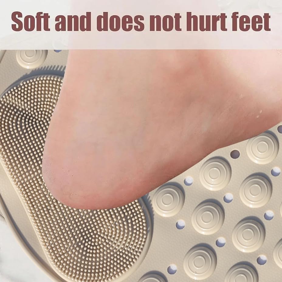 Image of Homecloud Anti Skid Mat for Bathroom Floor Shower mats for Bathroom Anti Slip with Foot Scrubber Bath mat Anti Slip with Suction Cups & Drain Holes (69x35 Cm) (Oval Beige)