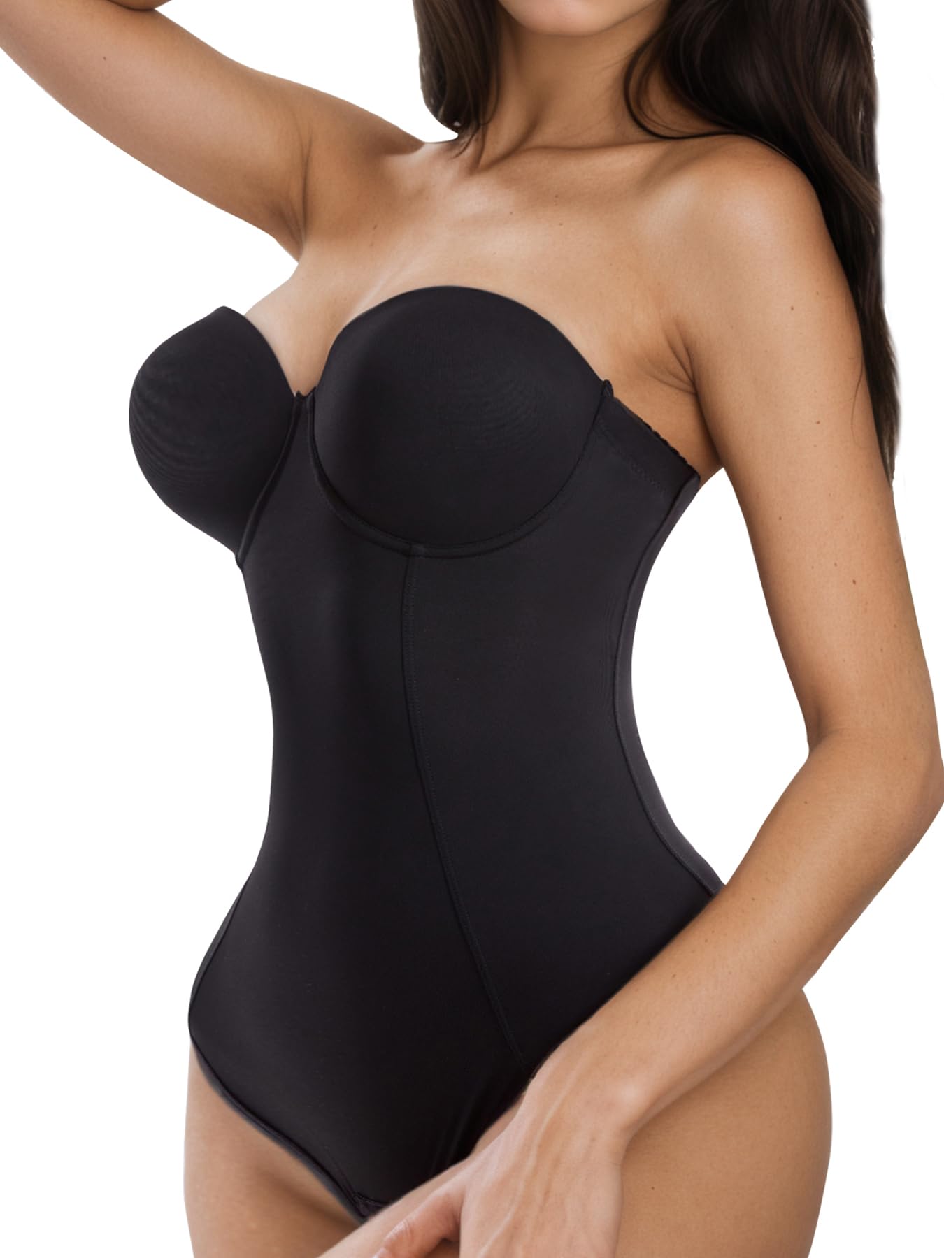 Photo 1 of SKPNCV Women's Strapless Body Shaper Tummy Control Waist Push Up Bodysuit with Cups and Detachable Straps Shapewear (Black (Thong), Medium)